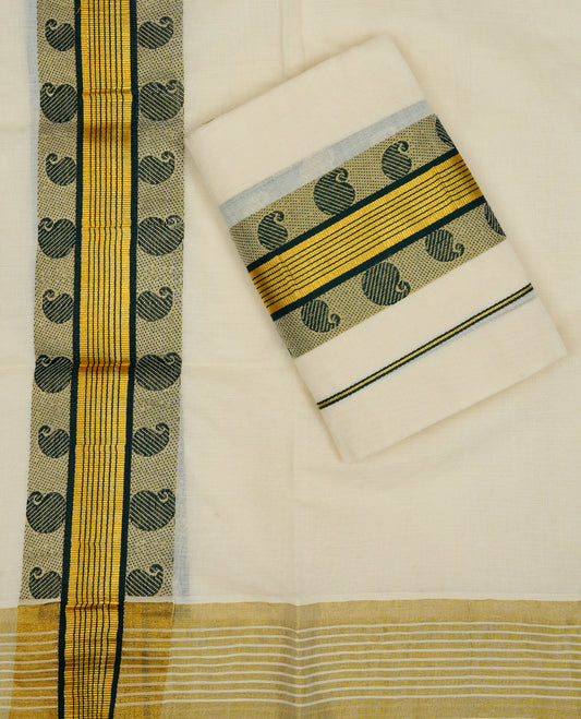 Cream colour cotton Set Mundu With Plain body, enhanced gold zari with designed kara.