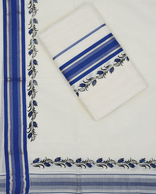 Cream colour cotton set mundu featuring Blue colour kara with print