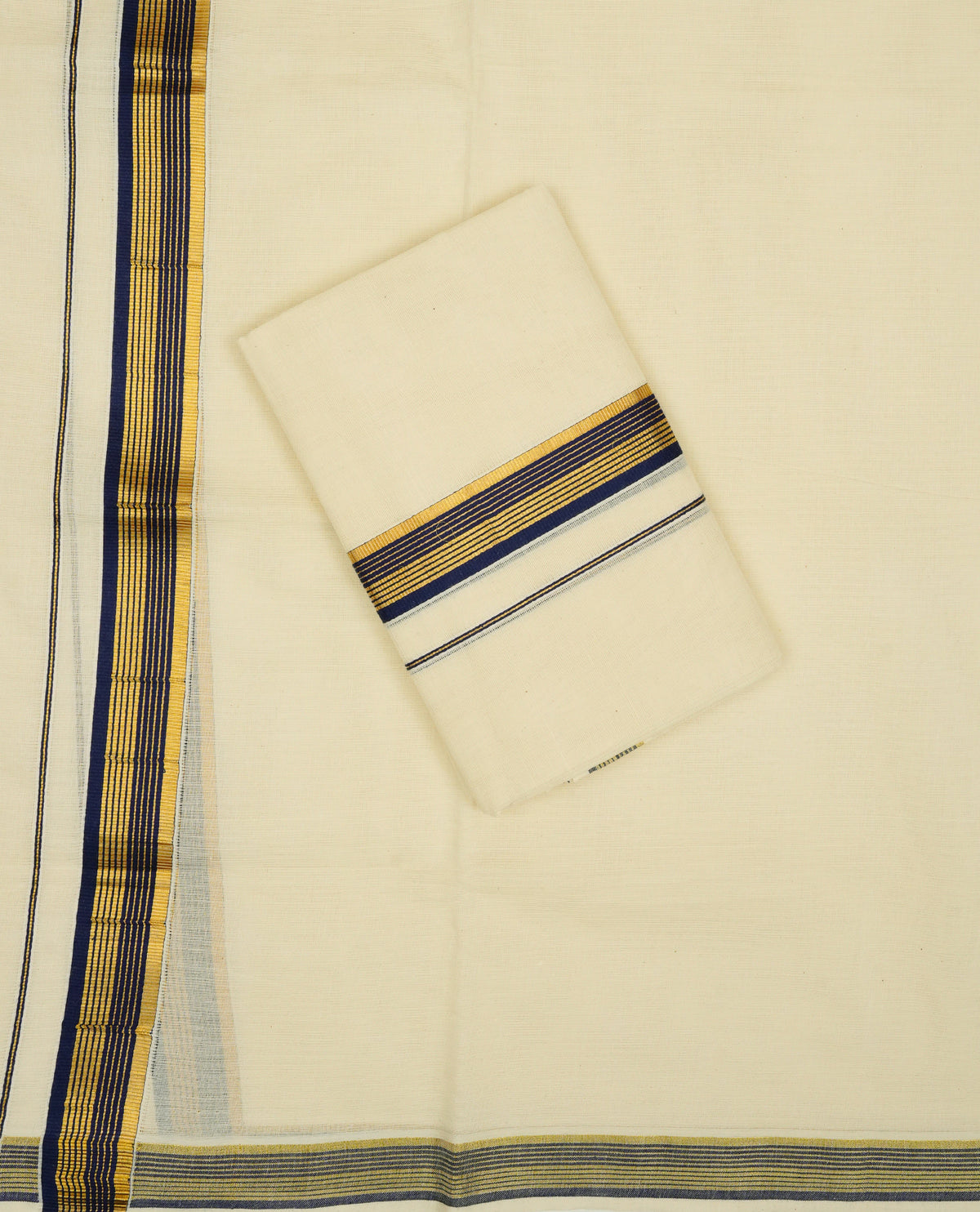 Cream colour cotton Set Mundu With Plain body, enhanced with gold Kasav With Navy Blue kara.