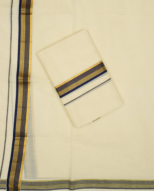 Cream colour cotton Set Mundu With Plain body, enhanced with gold Kasav With Navy Blue kara.