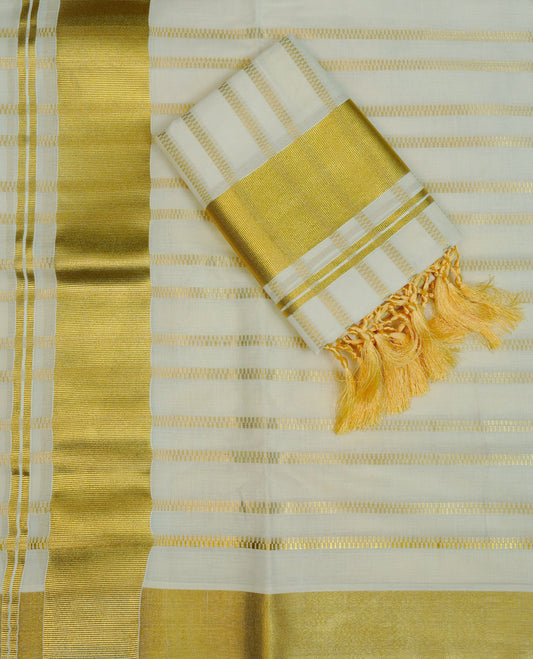Cream colour cotton set mundu featuring strips on body, Gold kasav kara.