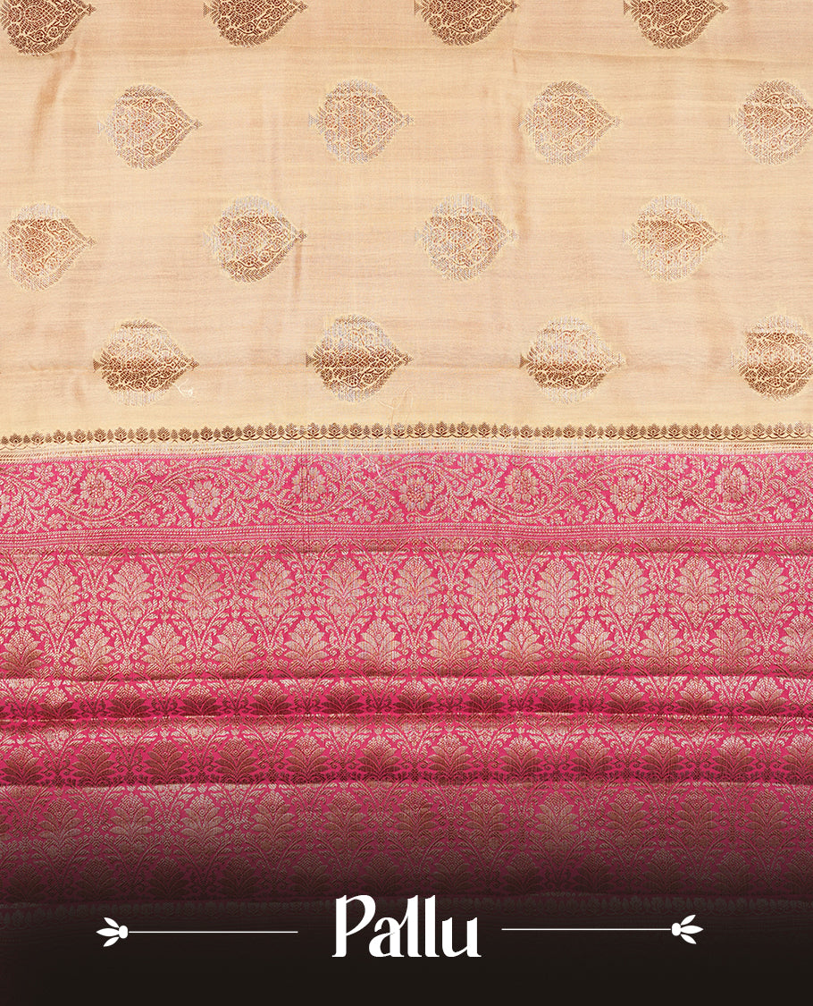 Cream beige Banaras soft silk saree with gold zari oval motifs on body, with contrast Pink colour floral pattern on pallu, border, and Matching blouse.