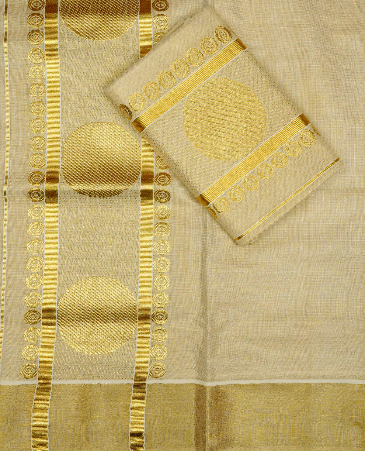 Cream Colour tissue set mundu featuring a plain body, enhanced with elegant Circle  Design on the gold zari kara.