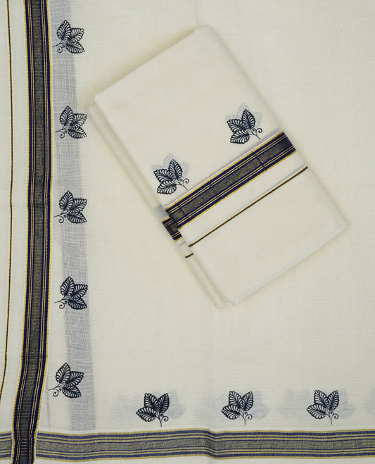 Cream colour cotton set mundu featuring Blue & gold kara with leaf print.