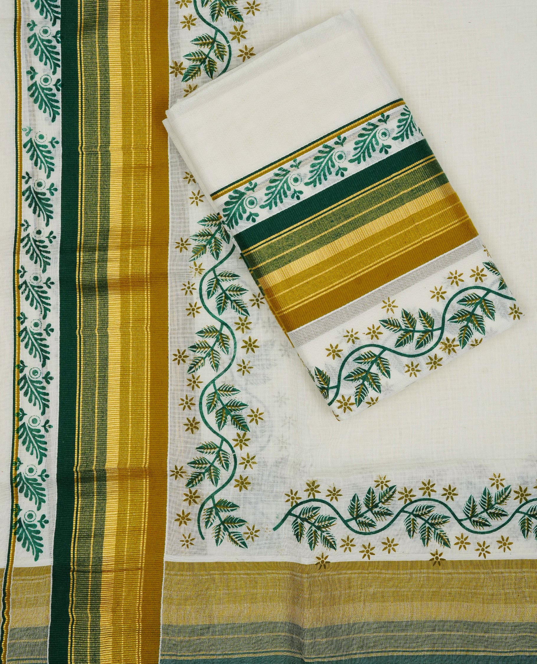 Cream colour cotton set mundu featuring gold kasav with Green & Olive kara leaf Kodi print.