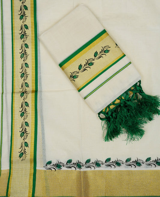 Cream colour cotton set mundu featuring Green & gold kara with print.