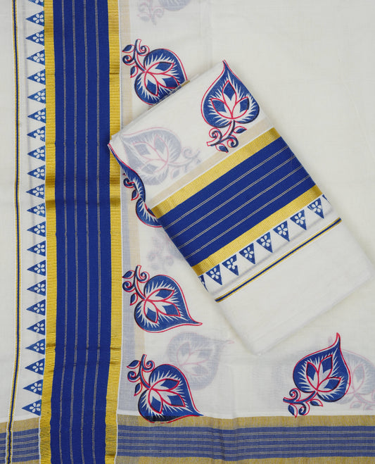 Cream colour cotton set mundu featuring Kasavu with blue kara with temple print.