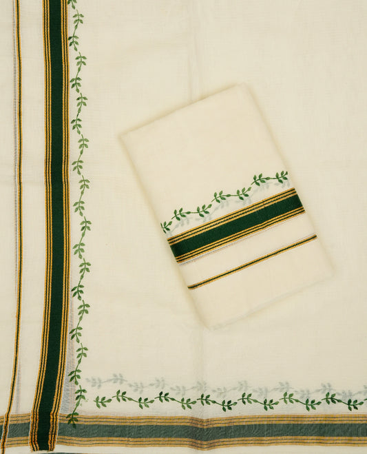 Cream colour cotton Set Mundu With Plain body, enhanced with Gold kasavu with Printed & green kara.