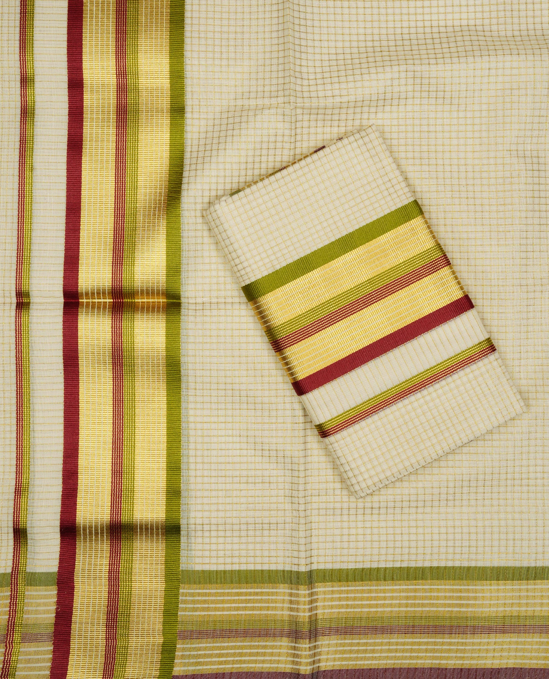 Cream colour Cotton set mundu With Gold zari small checks on body, enhance gold zari with Olive & Red kara.