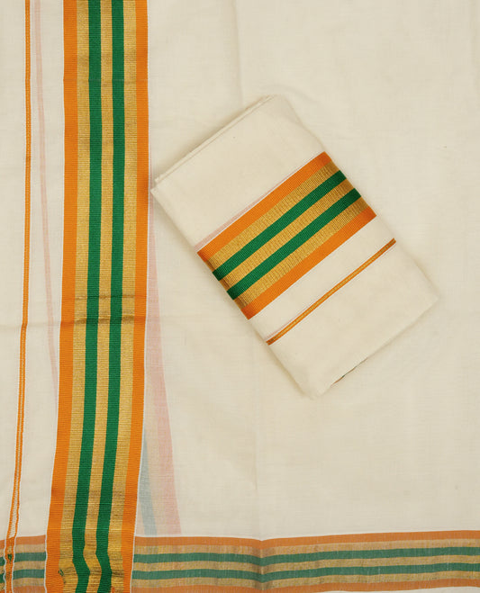 Cream colour cotton Set Mundu With Plain body, enhanced with Gold kasavu with orange & green kara.