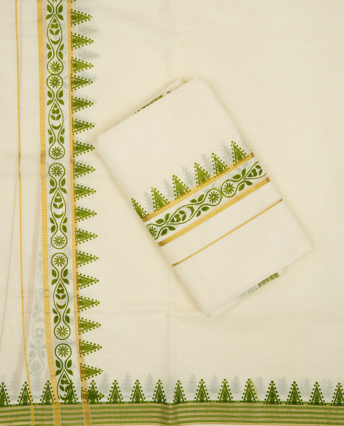 Cream colour Cotton set mundu With plain body, enhance gold zari with Olive colour design Print kara.
