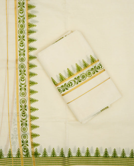 Cream colour Cotton set mundu With plain body, enhance gold zari with Olive colour design Print kara.