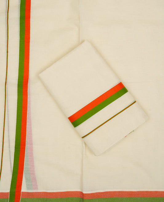Cream colour cotton Set Mundu With Plain body, enhanced with Green & Orange kara.