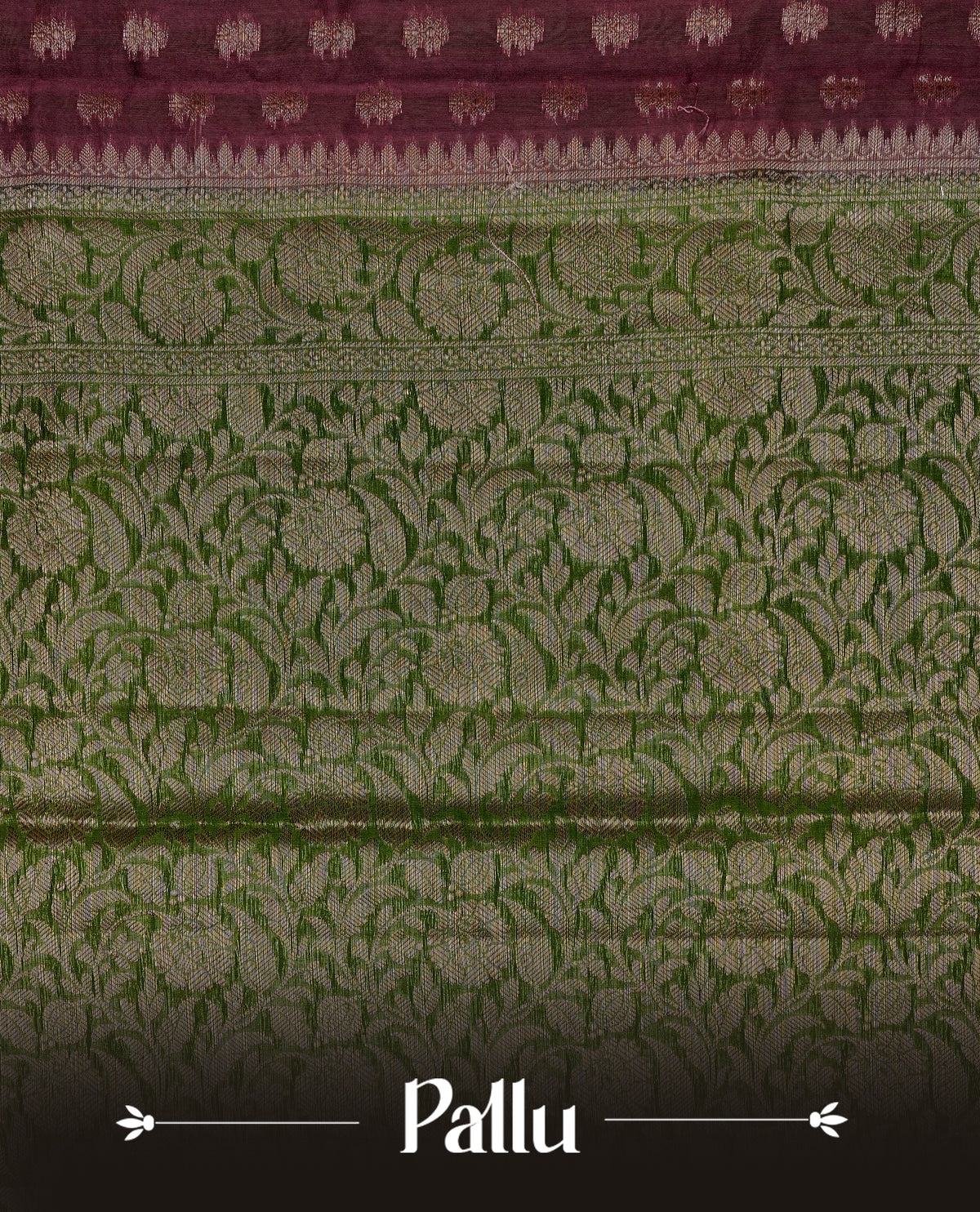 Brown colour Banaras silk saree featuring gold zari buttas on body, complemented by contrast Green colour border, comes with matching blouse piece.