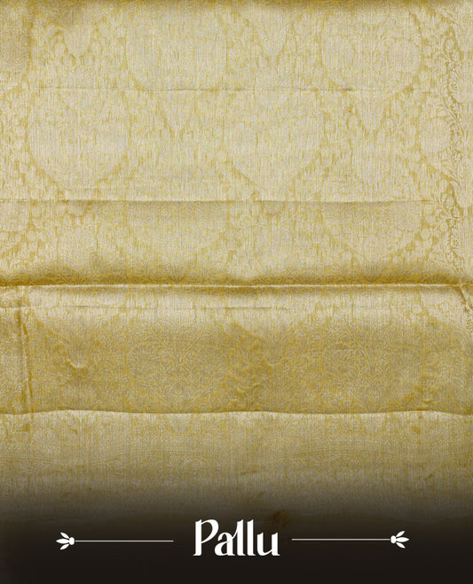 Mustard olive Colour banaras saree featuring Light gold zari Floral kodi pattern on body, complemented by borderless finish, comes with matching blouse piece.