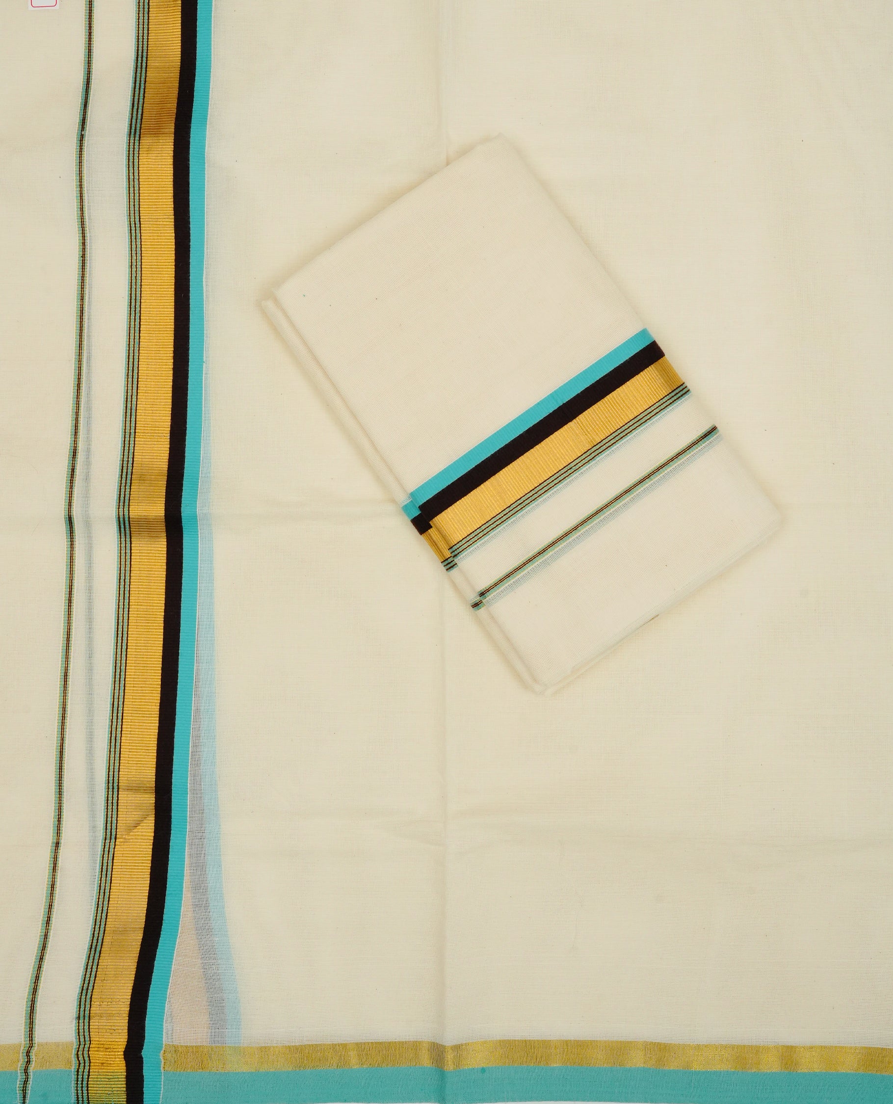 Cream colour Cotton set mundu With plain body, enhance gold zari with Blue & Chocolate colour kara.