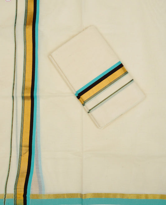 Cream colour Cotton set mundu With plain body, enhance gold zari with Blue & Chocolate colour kara.