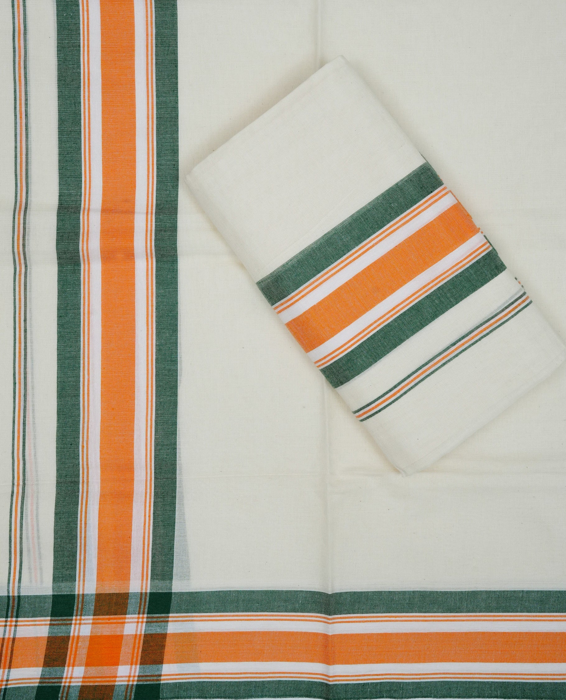 Cream colour cotton set mundu featuring Green & Orange kara.