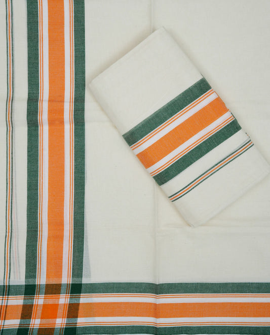 Cream colour cotton set mundu featuring Green & Orange kara.