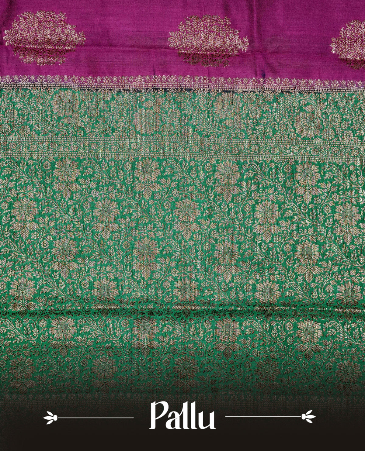 Purple colour banaras saree featuring gold zari motifs on body, complemented by contrast green colour with gold zari border, comes with matching blouse piece.