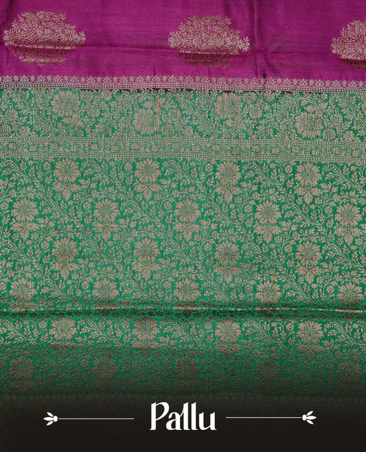 Purple colour banaras saree featuring gold zari motifs on body, complemented by contrast green colour with gold zari border, comes with matching blouse piece.