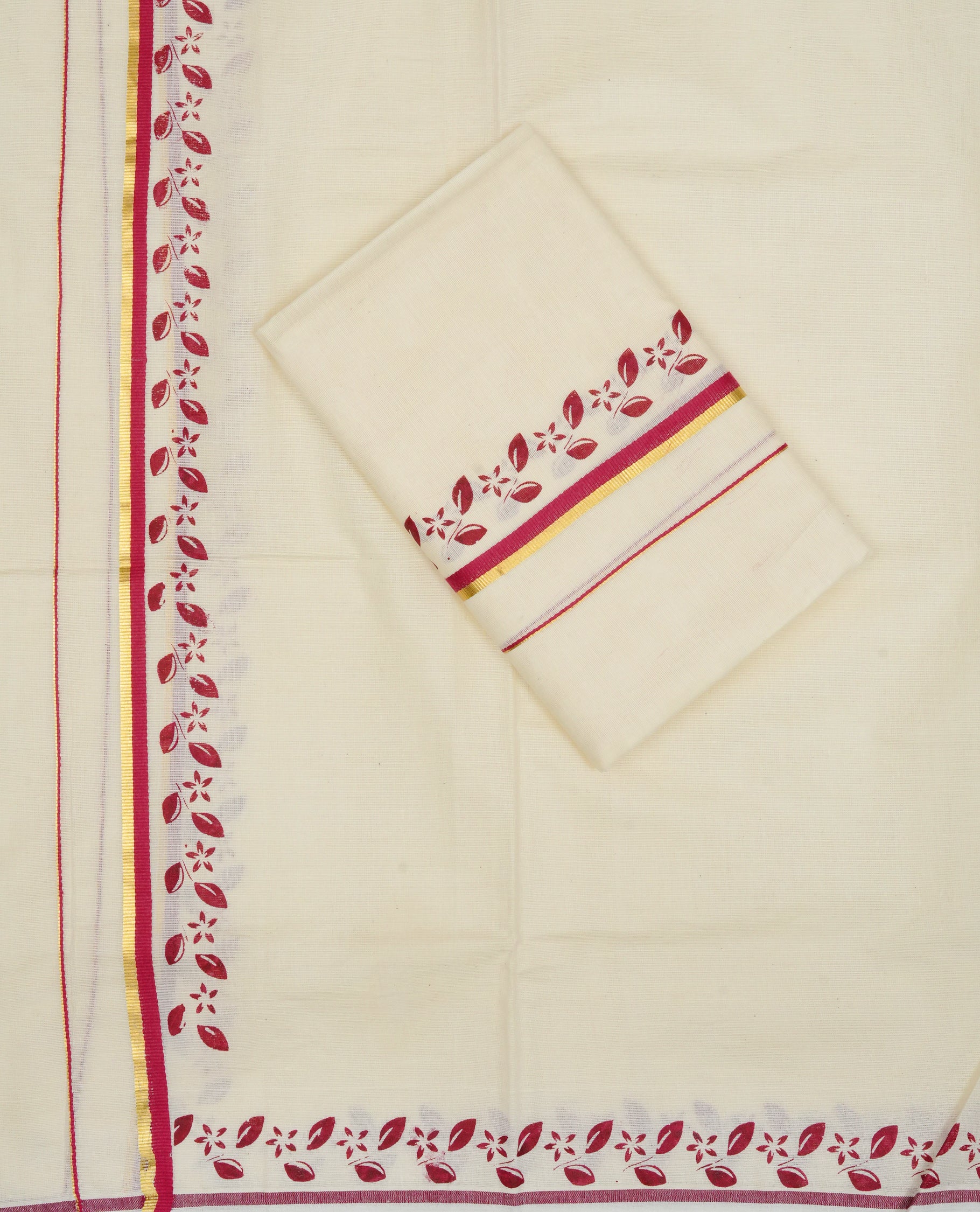 Cream colour Cotton set mundu With plain body, enhance gold zari with Maroon Leaf & floral print kara.