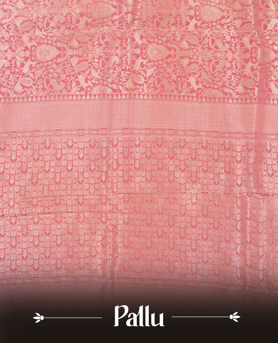 Pink colour Mysore Crepe Silk saree fearturing gold Zari kodi visiri & Animal brocade pattern on body and self colour border paired with matching blouse