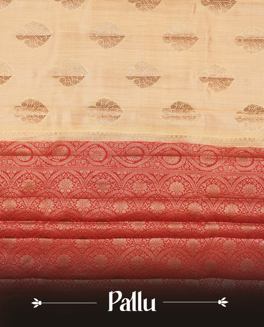 Cream beige Banaras soft silk saree with gold zari oval motifs on body, with contrast Red colour floral pattern on pallu, border, and Matching blouse.