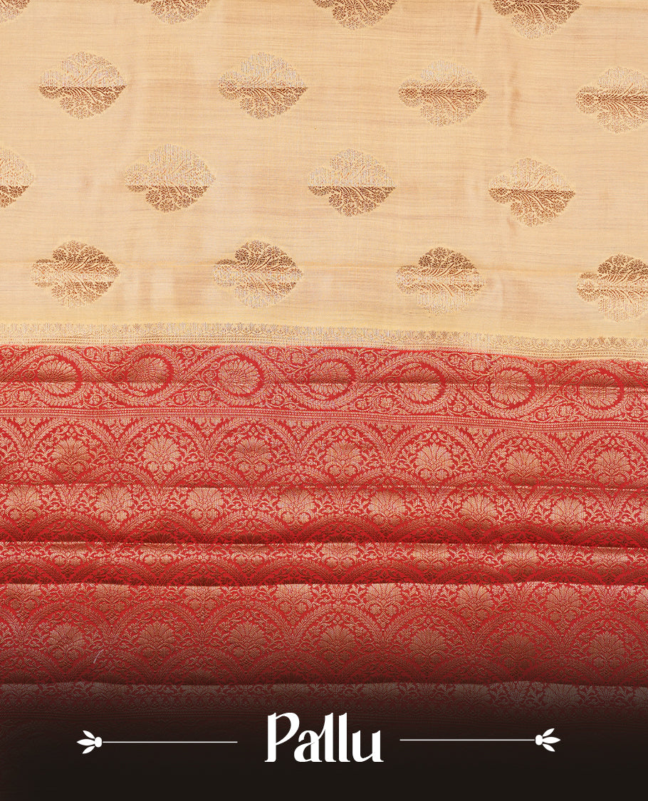 Cream beige Banaras soft silk saree with gold zari oval motifs on body, with contrast Red colour floral pattern on pallu, border, and Matching blouse.