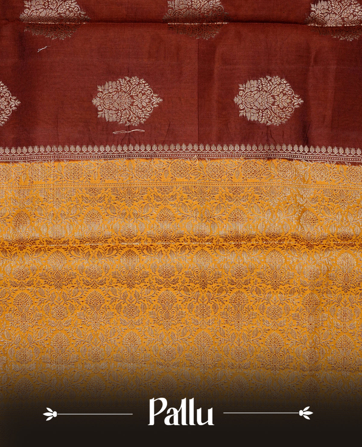 Chocolate colour banaras saree featuring gold zari motifs on body, complemented by contrast Mustard colour with gold zari border, comes with matching blouse piece.