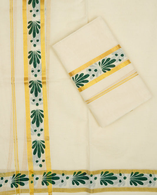 Cream colour Cotton set mundu With plain body, enhance gold zari with Green Floral print kara.