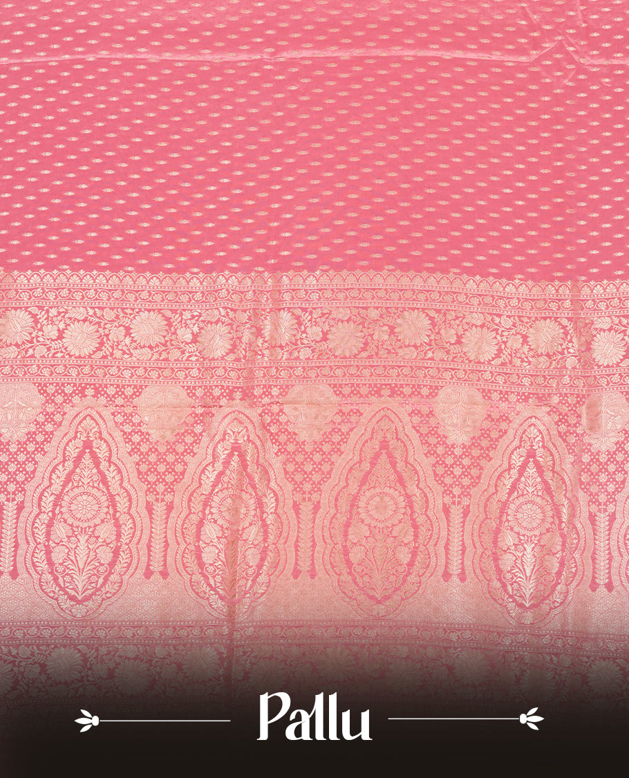 Pink colour banaras satin crepe saree fearturing gold tiny leaf motifs on body, kodi visiri pattern on border & pallu and paired with matching blouse