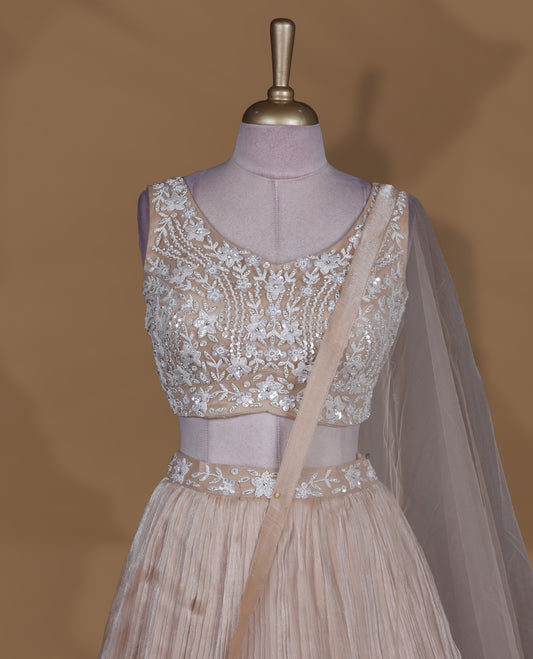 Champagne beige colour lehenga set with stitched sleeveless heavily embroidered blouse, matching stitched pleated flared lehenga, and plain sheer dupatta.