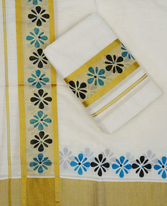 Cream colour cotton set mundu featuring kasav with black & green printed kara.