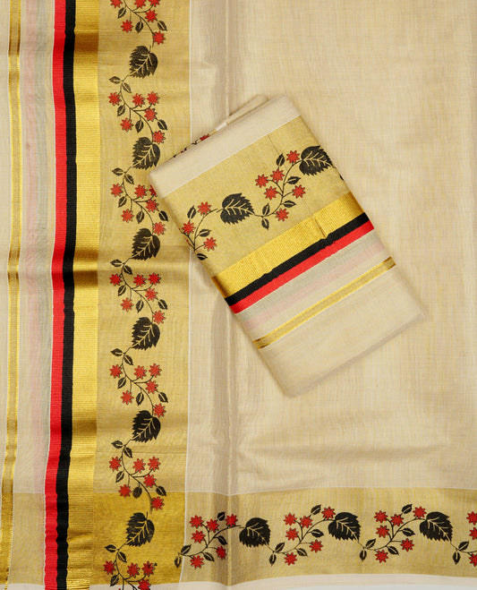 Cream Colour tissue set mundu featuring a plain body, enhanced with delicate red floral vine motifs & Black, Red & a gold zari kara.