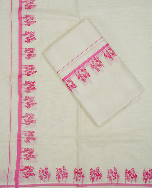 Cream colour cotton set mundu featuring Pink kara with print.