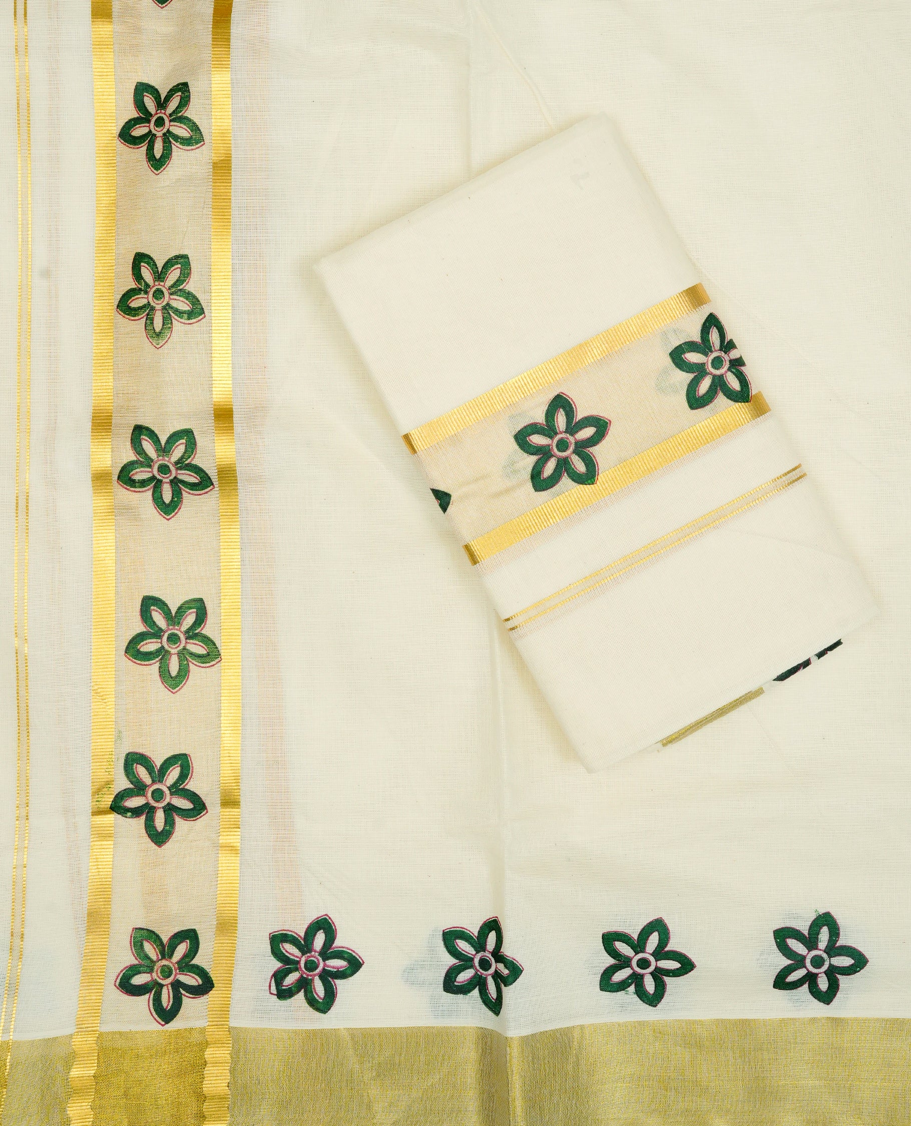Cream colour cotton Set Mundu With Plain body, enhanced with Gold zari & Green colour Floral printed kara.