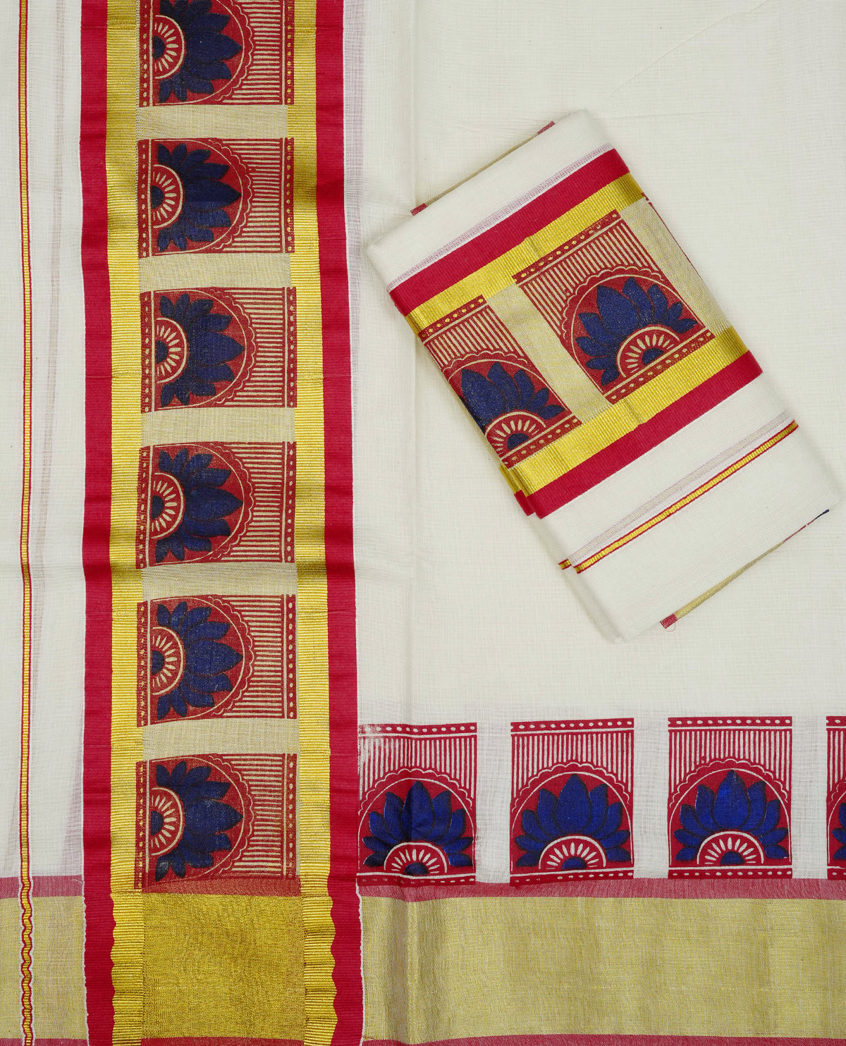 Cream colour cotton set mundu featuring red & Gold kasav kara.