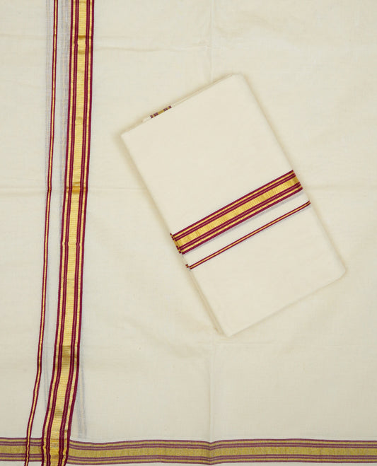 Cream colour cotton Set Mundu With Plain body, enhanced With Maroon & gold zari kara.