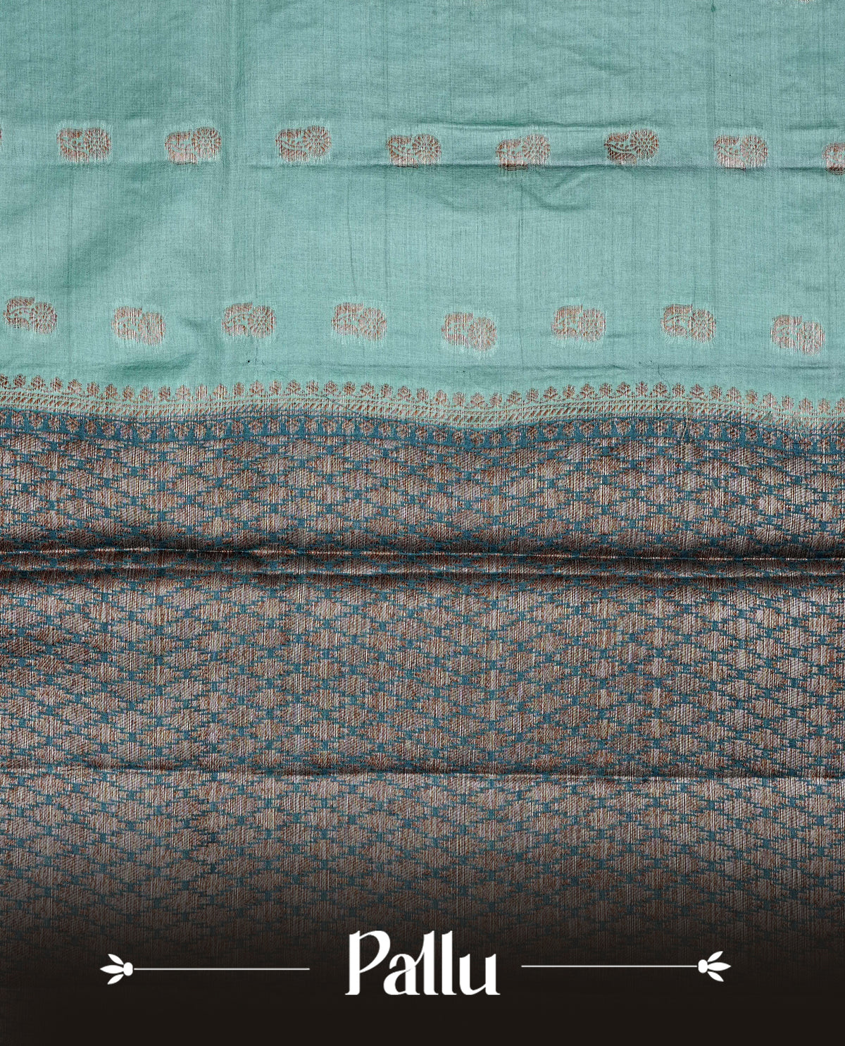 Light Aqua colour banaras silk saree featuring Gold zari buttas on body, complemented by contrast teal colour border, comes with matching blouse piece.