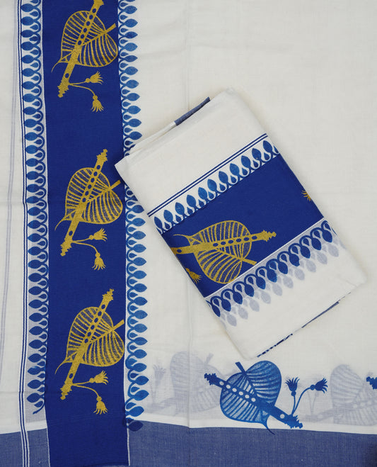 Cream colour cotton set mundu featuring Blue kara with Gold Leaf with flute print.
