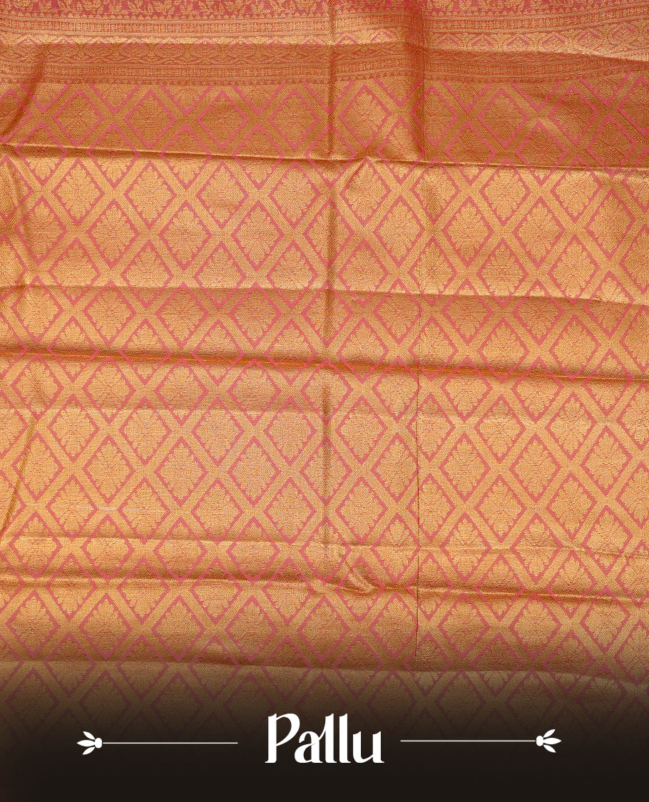 Mauve colour Semi tissue silk saree featuring Gold zari kodi floral motifs on body, Contrast Red colour with traditional border, paired with matching blouse piece.