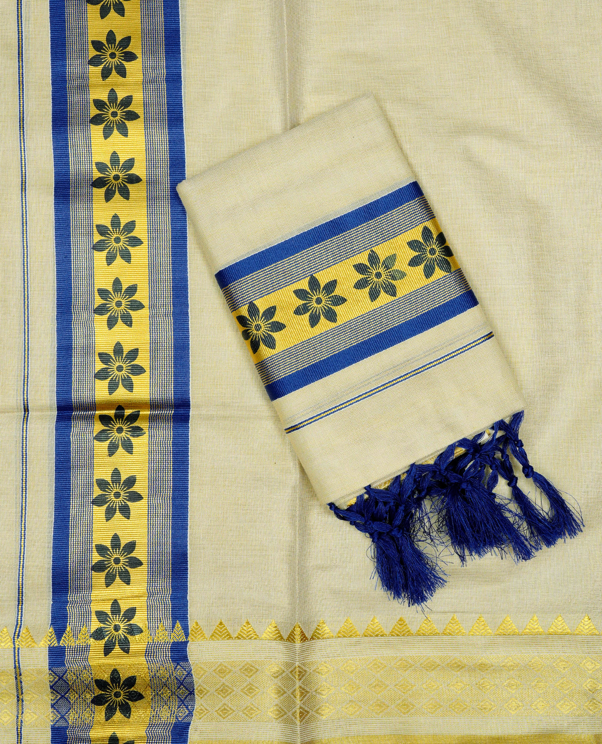 Light gold Tissue Set mundu featuring Blue floral print on gold kasav kara.