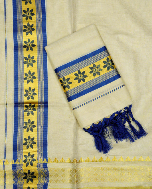 Light gold Tissue Set mundu featuring Blue floral print on gold kasav kara.