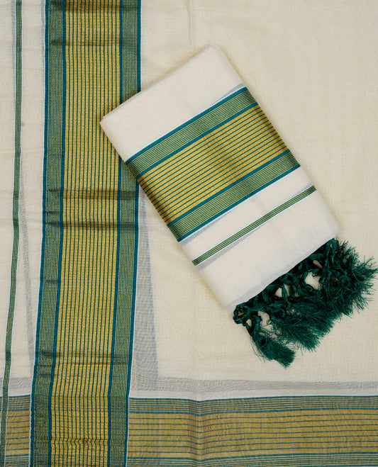 Cream colour cotton set mundu featuring Green & Gold kasav kara.