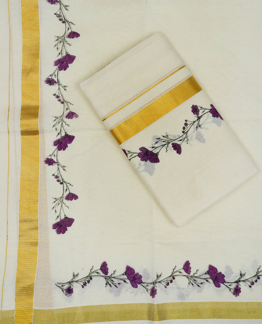 Cream colour cotton set mundu featuring gold Kasav with Floral kodi kara.