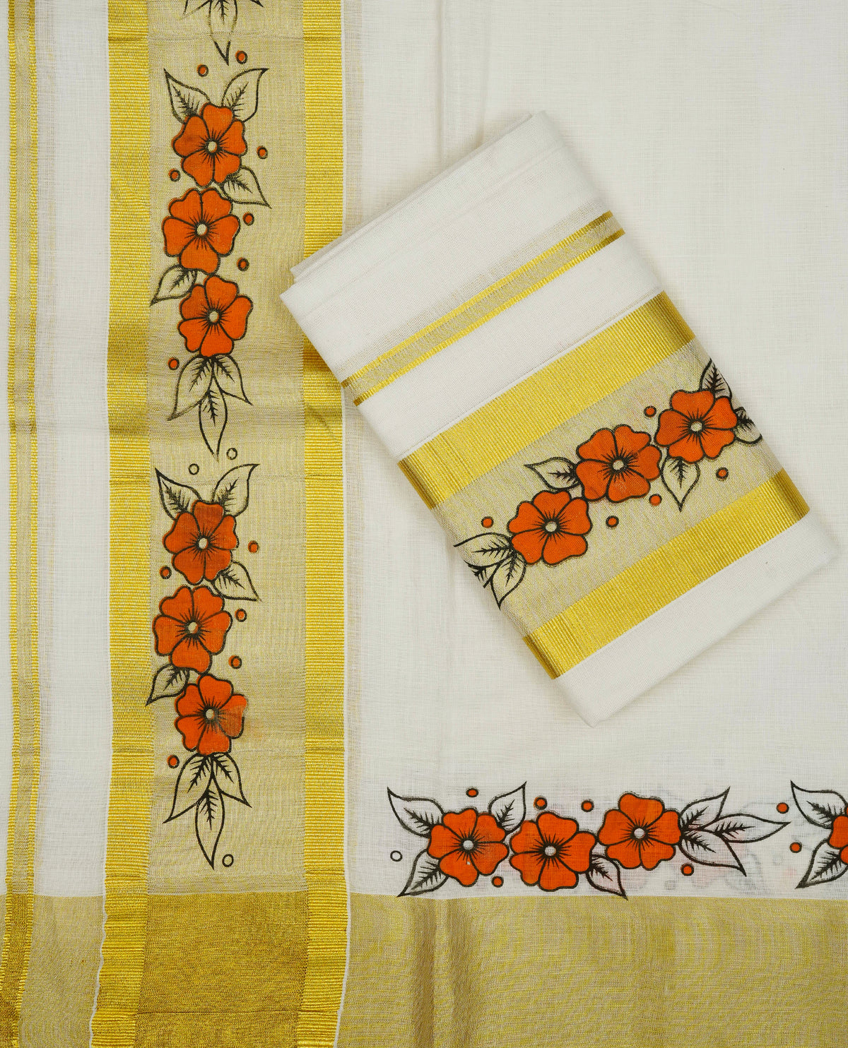 Cream colour cotton set mundu featuring Kasavu kara with floral print.