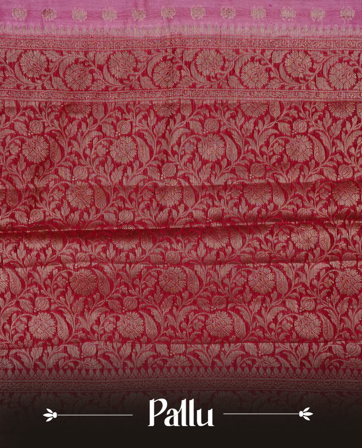 Pink colour Banaras silk saree featuring gold zari buttas on body, complemented by contrast Maroon colour border, comes with matching blouse piece.