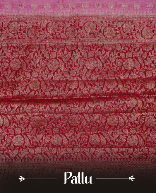 Pink colour Banaras silk saree featuring gold zari buttas on body, complemented by contrast Maroon colour border, comes with matching blouse piece.
