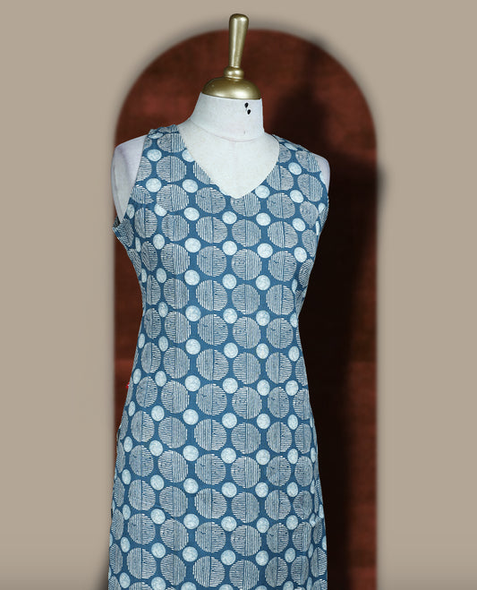 Greyish blue colour coord set crafted in soft fabric, featuring a sleeveless V neck top with geometric circular prints, paired with a matching straight fit bottom.